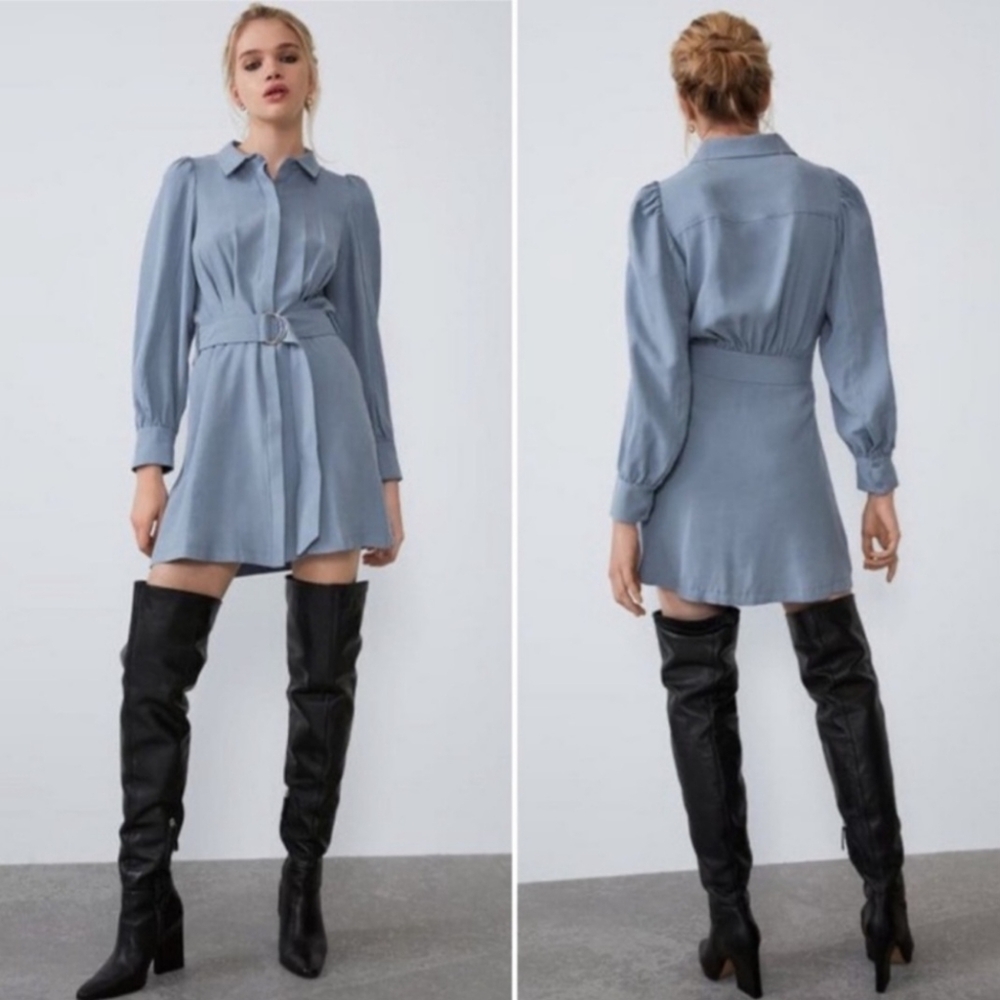 Zara Viscose Blend Puff Sleeve Belted Shirt Dress From Zara, Size M